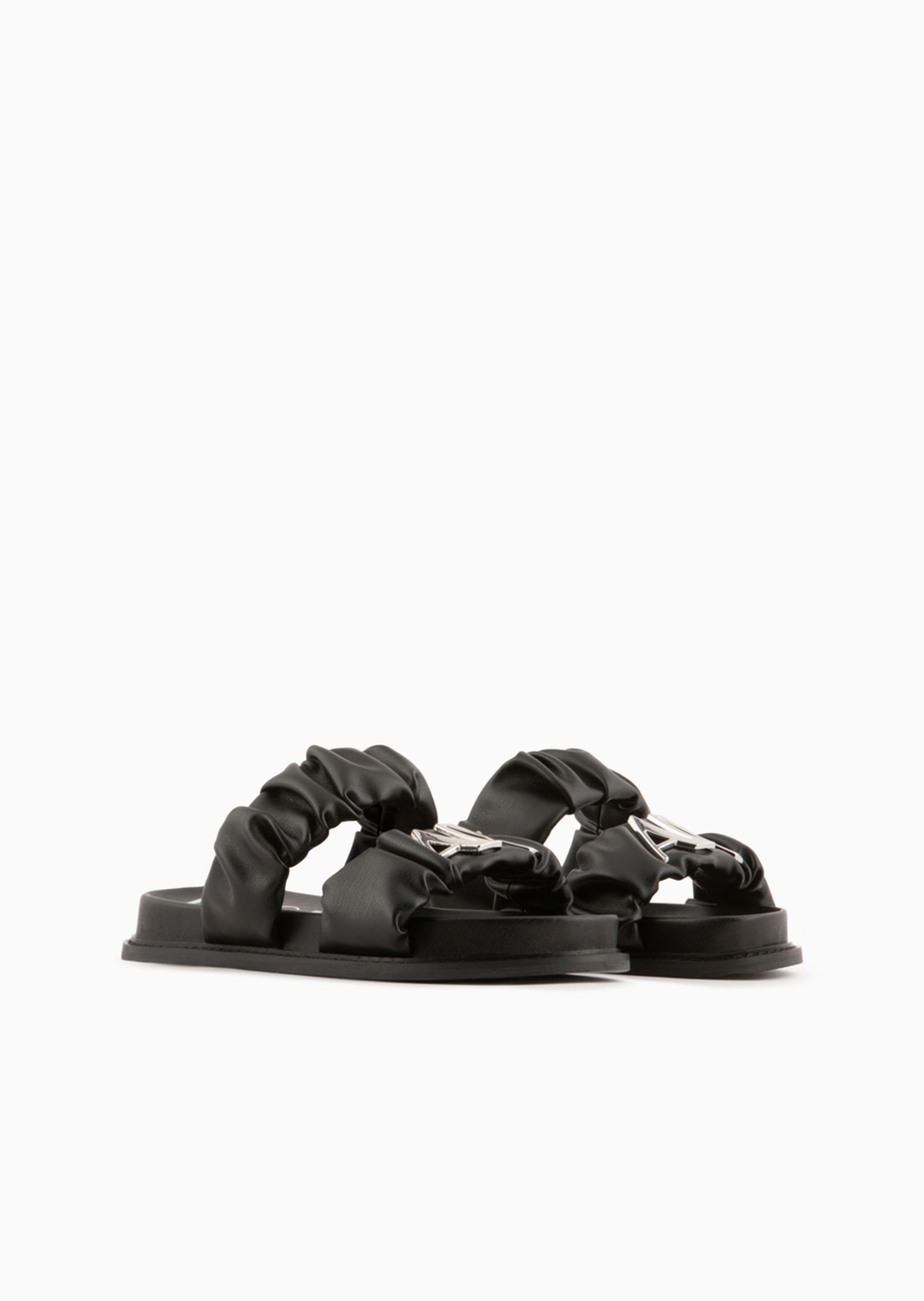 Armani Exchange Ruched Leather Effect Sandals With Gold Metal Logo